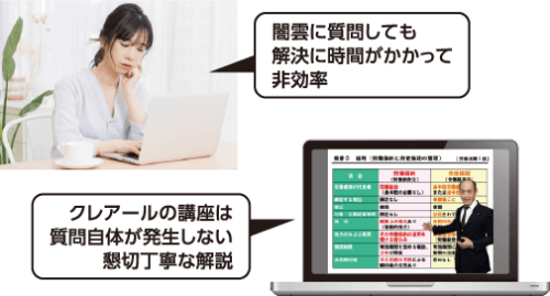 やみくもに質問しても解決に時間がかかって非効率。クレアールの講座なら質問自体が発生しない懇切丁寧な解説を受けることができます。